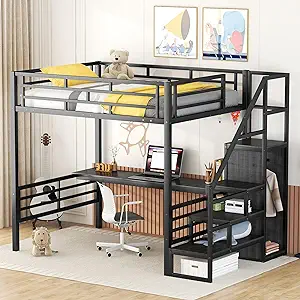 With Long Desk And Small Wardrobe, Metal Loftbed Frame W/Storage Stairs ... - $830.99