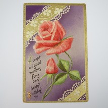 Postcard Birthday Greeting Antique 1912 Purple Gold Pink Red Rose Clover Embossd - £8.01 GBP