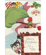 Vintage Christmas Card Santa Claus Chimney Bag of Toys Cat Flocked 1960&#39;s - £8.52 GBP