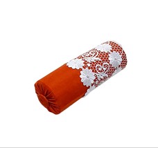 Decorative Bolster Pillow, Orange Velvet, White Lace, Neck roll pillow, 6x16&quot; - £43.37 GBP