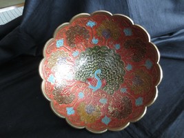 6&quot; Copper Turquoise Rust Gold Peacock Cloisonne Scallop-Edge Candy Trinket Dish - £14.14 GBP