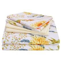 6 Piece Yellow Floral Print Sheet Set Queen Size, Soft Botanical Microfiber Shee - £39.27 GBP