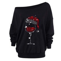 Christmas Red Wine Gl Print Sweatshirt Women&#39;s Trauit Tops O-neck Long Sleeve Pu - £59.76 GBP