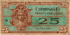 USA MPC 25 Cents 1952 Series of 521 Plate # 20, Korean War, allogorical ... - £7.85 GBP