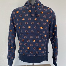 Champion Mens Small All Over Print Reverse Weave Pull Over Hoodie Navy &amp;... - $44.46