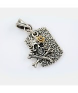 Skull and Bones Oxidized Sterling Silver Tag Pendant w/Golden Flower &amp; Onyx - $2,298.39 MXN