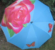 Red Roses Umbrella on Aqua Tag Bamboo Wood J Hook Handle 36&quot; Pongee Auto... - £14.93 GBP