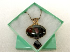 Dark Bloodstone Oval Pendant Necklace w/Diamond Dangler, Snake Chain, #J... - £11.53 GBP