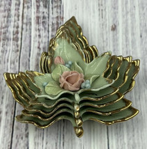 Vintage Mid Century Stacking Green &amp; Gold Maple Leaf Nesting Trinket Dis... - $44.65