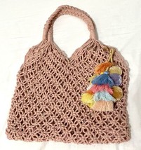Rose Colored Crocheted Purse Handmade Unlined With Pom Pom Accent 18x14 Inch - £11.86 GBP