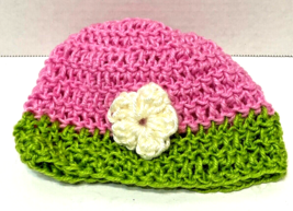 Handmade Crocheted Infant Baby Girl Beanie Hat Pink Green Ivory - £7.57 GBP