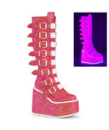 SALDE MONIA SWING-815UV Wedge Platform Buckles Pink Glitter Women Knee B... - $1,371.91 MXN