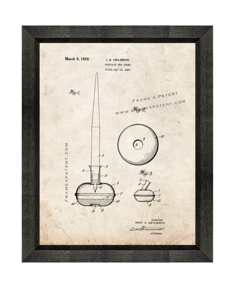 Fountain-pen Stand Patent Print Old Look with Beveled Wood Frame