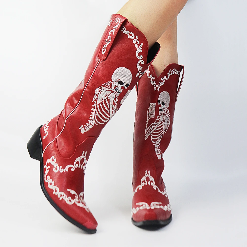 Women  Skeleton Selfie boy Western Mid Calf Boots Pointed Toe Slip-On Stacked He - £105.80 GBP