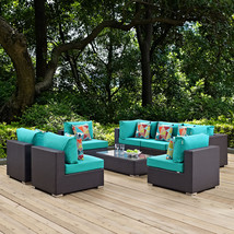 Convene 8 Piece Outdoor Patio Sectional Set Espresso Turquoise EEI-2370-EXP-TRQ- - £2,610.18 GBP