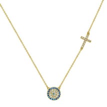 1.10CT Lab-Created Sapphire Evil Eye with Cross Necklace 14K Yellow Gold Plated - £65.96 GBP