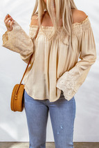 Apricot Lace Keyhole Crochet Shirred Off Shoulder Blouse, Women&#39;s Top, W... - £27.97 GBP