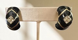 Black and Gold Enamel Clip-On Earrings with Rhinestones - $149.28 MXN