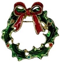 Christmas Wreath Pin Brooch Holidays Red Bow Green Enamel Rhinestone 1.5 inches - £7.82 GBP