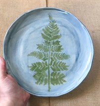 Brownell Art Pottery Green Pine Tree Blue Plate Asymmetrical Edge Rustic - $24.75
