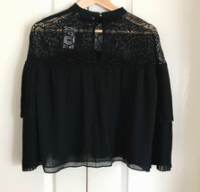 Abercrombie &amp; Fitch Black Lace Pleated Bell Sleeve Chiffon Layered Blouse Top M - £27.20 GBP