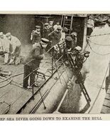1914 WW1 Print Deep Sea Diver Examines Battleship Navy Ship Antique Mili... - $67.50