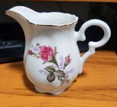 Vintage 3.5&quot; White Porcelain Pitcher; Roses; Gold Rim - $9.89
