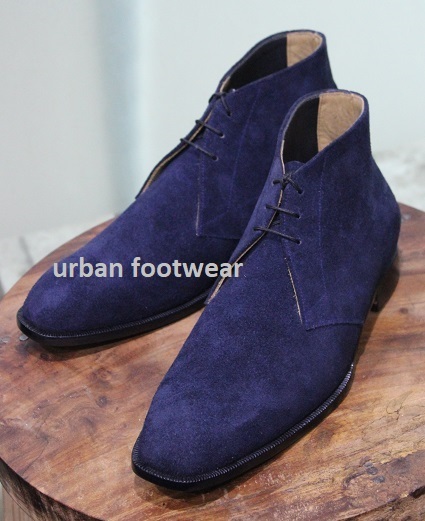 New Men's Handmade Shoes Blue Suede Leather Lace Up Ankle High Chukka Boots