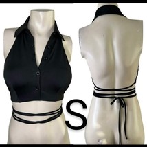 Black Button Up Halter Collar Crop Top~Size S - £14.04 GBP