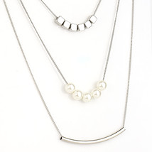 Multi-Strand Silver Tone Necklace with Bar & Faux Pearl Design  - £21.67 GBP