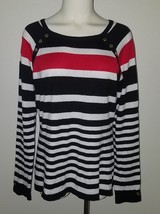 Karen Scott Striped Knit Top Size Large Black White Red Stripes Gold But... - £13.18 GBP