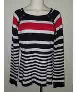 Karen Scott Striped Knit Top Size Large Black White Red Stripes Gold But... - £13.16 GBP