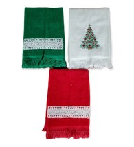 Vtg Set Of 3 Cannon Christmas Hand Towels Green Embroidered Fringe Made In Usa - £10.53 GBP