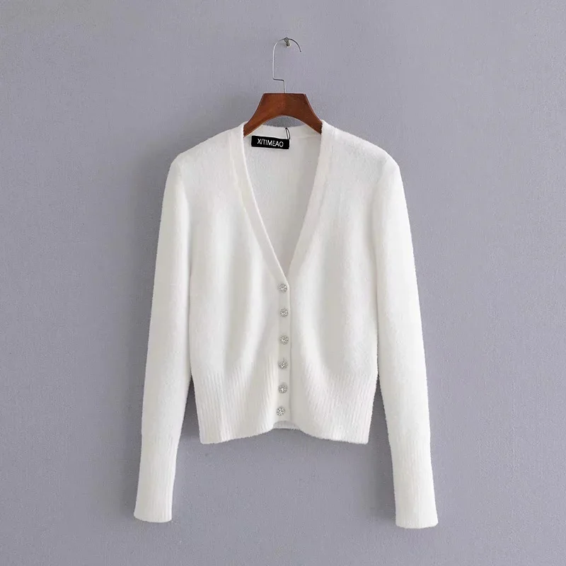Xitimeao New Women White Mohair Button Solid  Cardigan Short  Slim Fit V-Neck Lo - £104.53 GBP