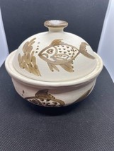 Small Lidded Clay Pot Handpainted with Fish Trinket Dish Candy Dish - £15.24 GBP