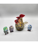 Edinburgh Blown Glass Rooster + 3 Owls Multicolored Bird Figurines Lot - £22.82 GBP