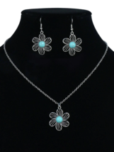 3 pc Blue Silvertone Flower Necklace &amp; Earrings Set - New - £13.31 GBP
