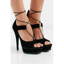 Saint Laurent Green Velvet Ankle Wrap Leather Strappy Platform Pumps 39 NIB - £469.01 GBP