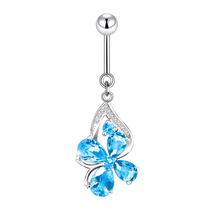 Luxury 925 Sterling Silver Flowers Belly Button Ring Purple Blue Cubic Zirconia  - £84.80 GBP