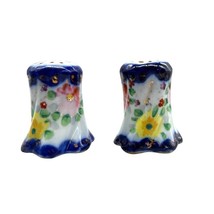 Vintage Hand Painted Blue and Gold Salt &amp; Pepper Shakers Pink &amp; Yellow F... - £7.30 GBP