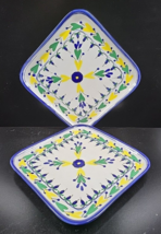 2 Le Souk Ceramique Tunisia Square Plates Set Hand Painted Pottery Blue Dish Lot - £54.73 GBP