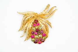 Vintage Gold Colored Pink Purple Rhinestone Flower Brooch 3.4cm - $29.70