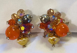 Vintage Vendome clip cluster earrings beads rhinestones orange gold signed - £15.68 GBP