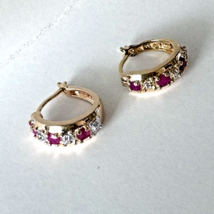 18 Yellow Gold / 925 Sterling Silver Earrings Genuine Rubies Diamonds Accents - £18.97 GBP