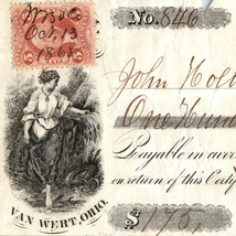 Van Wert Ohio 1865 Civil War Era $175 Certificate Of Deposit Emerson Tax Stamp - £10.45 GBP