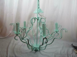 Large Vtg Floral Metal Tole Toleware Chandelier Shabby Chic Turquoise W/Crystals - £104.78 GBP