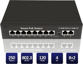 PoE Switch 8 Port PoE Switch with 2 Gigabit Uplink 802.3af at PoE Port 8... - £55.14 GBP