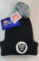 NEW Vintage Oakland Raiders Pom Beanie Youth Kids Cuffed Black NFL Hat Cap - £23.35 GBP