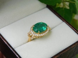 14k Yellow Gold 6ct Natural Emerald &amp;Diamond Handmade Emerald Engagement Ring - £1,949.62 GBP