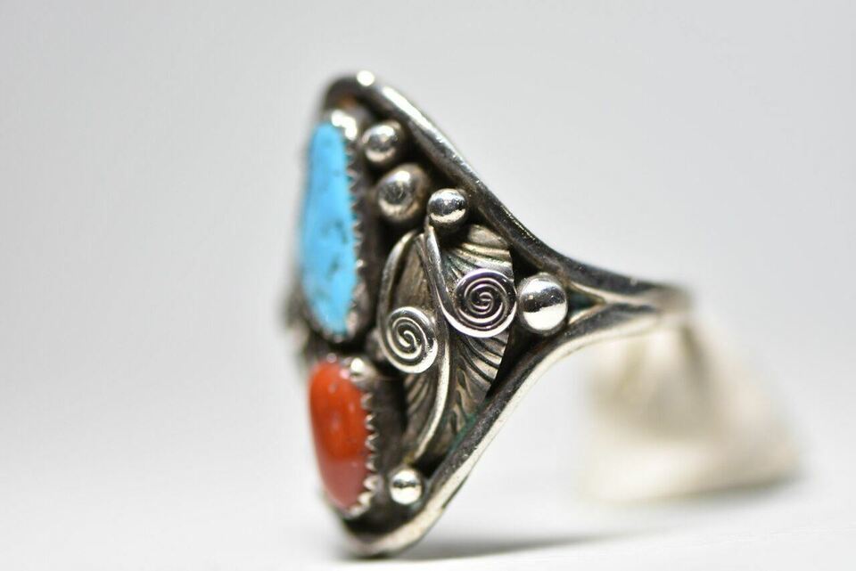 Turquoise ring Coral band sterling silver women men Size 10.75 Item image 5